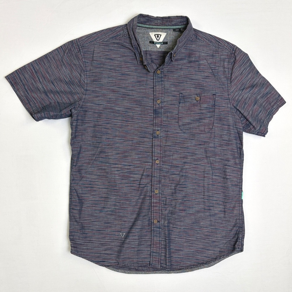 Vissla Mens Short Sleeve Button Down Shirt Space Dye Blue Red Large